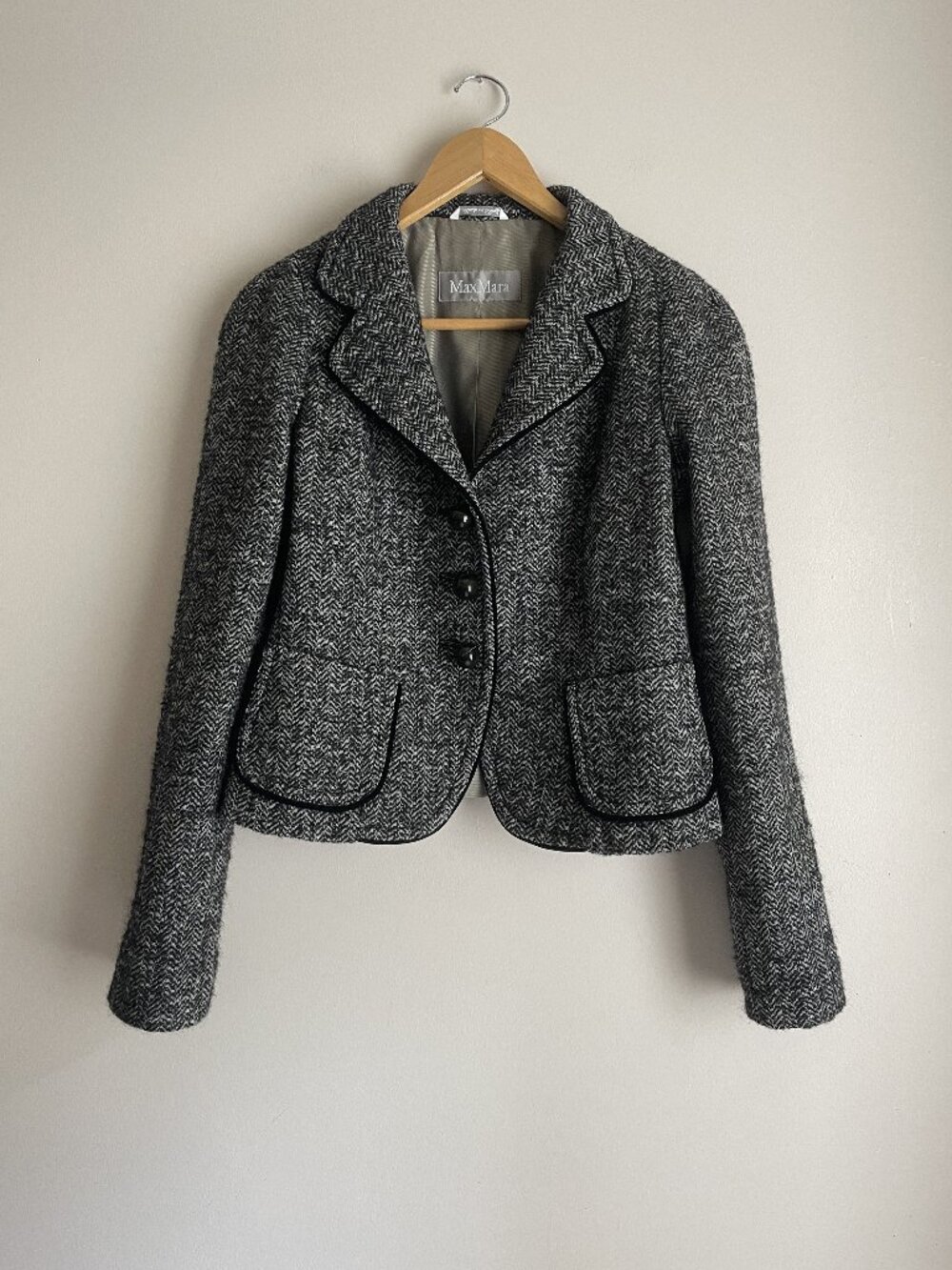 MAXMARA Wool Blend Tweed Short Jacket with Velvet Trim